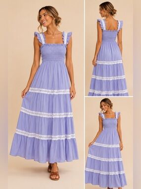 Lavender Tiered Maxi Skirt with Lace Trim